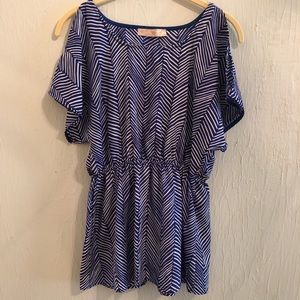 Cold Shoulder Blue and White Chevron Top